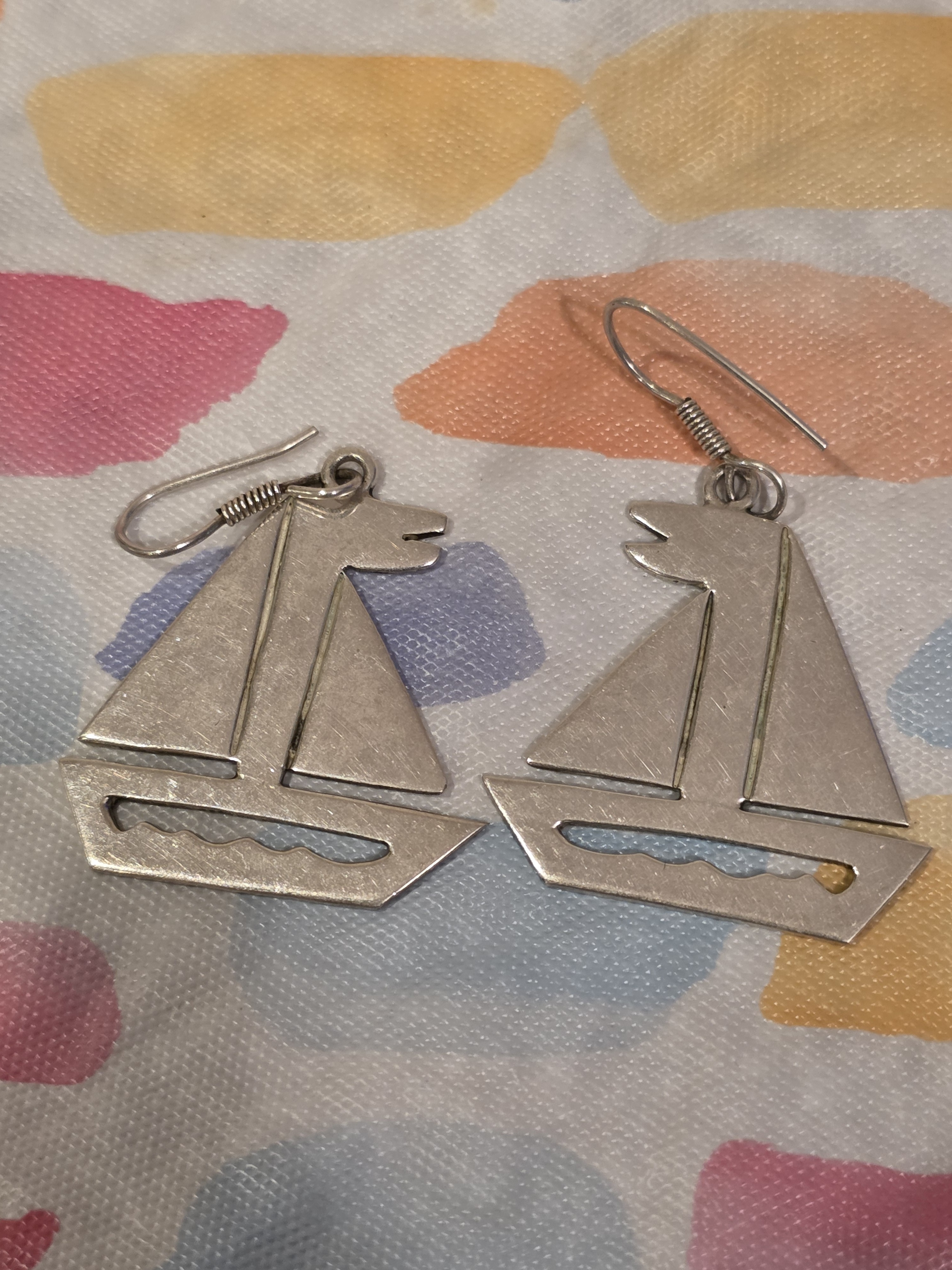 Vintage Sterling Silver Sailboat Dangle Earrings